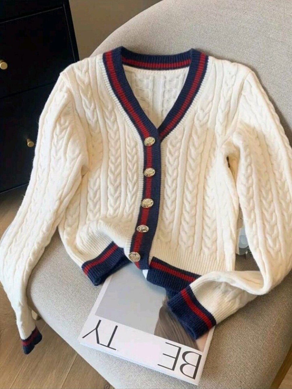 Women's Casual Collegiate Striped Contrast Color Gold Button Knit Cardigan